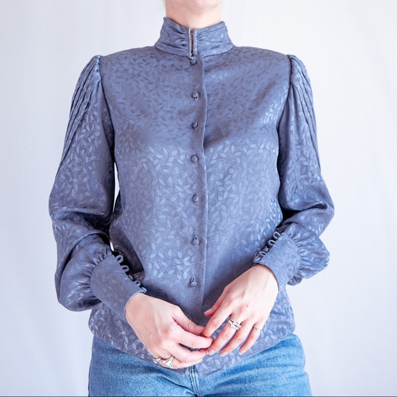 Vintage 70’s Gray Metallic High Neck Blouse XS - Picture 3 of 9